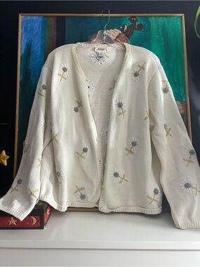 Talbots Embroidered Floral Cardigan Ivory Knit Button Front Sweater XL Boho